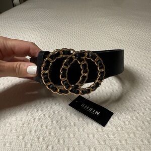 SHEIN Black Belt with Gold Chain-Link Double Ring Buckle New NWT